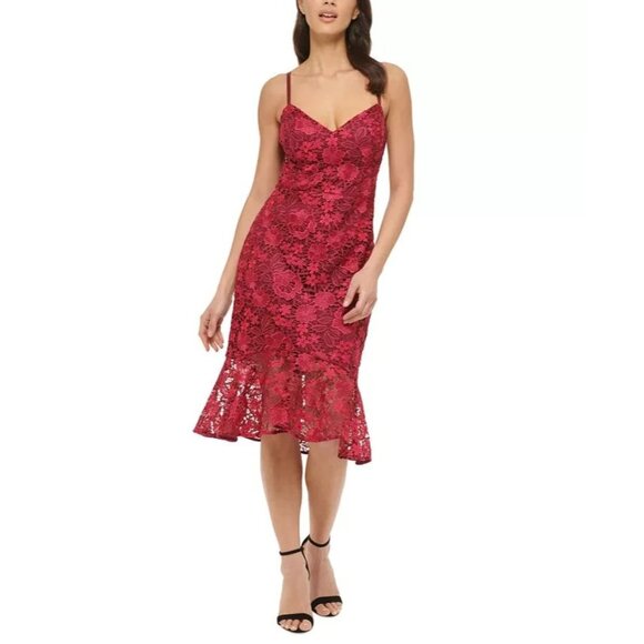 GUESS Women's Size 8 Pink Floral Lace Sleeveless Flounce-Hem Midi Dress NWT - Picture 1 of 14